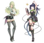  2girls arm_up ascot bangs belt bird black_hair boots border_break breasts character_request clipboard closed_eyes coat crossed_arms fiona_(border_break) green_eyes green_hair grey_legwear hair_ornament hairclip high_heel_boots high_heels holding knee_boots large_breasts long_hair long_sleeves looking_at_viewer medium_breasts miniskirt multiple_girls official_art pencil_skirt pleated_skirt skirt smile thigh-highs transparent_background zettai_ryouiki 