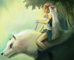  1girl 90s animal brown_hair cape female from_side full_body mask mononoke_hime pointy_ears profile riding san short_hair solo studio_ghibli tree upper_body wolf 