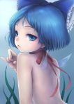  1girl :p back blue_eyes blue_hair bow child cirno face female hair_bow hands nude sanntouhei short_hair solo the_embodiment_of_scarlet_devil tongue tongue_out touhou wings 
