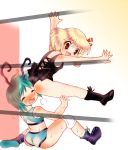  2girls antennae ass blonde_hair blush boots dei_shirou female green_eyes hip_attack knee_pads multiple_girls red_eyes rumia shoot_the_bullet short_hair stinkface sweat tears touhou wrestling wriggle_nightbug youkai 