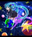  bad_id earth floating_hair green_eyes green_hair hatsune_miku planet riru school_uniform space star twintails vocaloid 