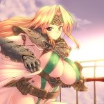  1girl armlet armor belt blonde_hair blue_eyes blush breasts cape celes_chere cleavage clouds erect_nipples final_fantasy final_fantasy_vi gauntlets gloves huge_breasts large_breasts long_hair looking_at_viewer shoulder_pads sideboob sky sling_bikini solo sunset swimsuit sword tro vial weapon 