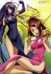  00s 2girls :d antenna_hair arm_up armpits bachou_mouki bamboo_steamer baozi blue_eyes blush breasts brown_hair china_dress chinese_clothes cleavage cleavage_cutout dragon dress elbow_gloves food gloves gotou_junji hair_ornament hair_over_one_eye hairclip high_ponytail ikkitousen ikkitousen_xtreme_xecutor impossible_clothes impossible_dress kan&#039;u_unchou large_breasts legs long_hair megami multiple_girls nikuman no_panties official_art open_mouth polearm ponytail purple_hair resize scan scrunchie shoes sitting smile standing turtleneck very_long_hair weapon yellow_eyes 