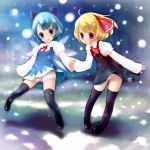  2girls :o ahoge black_thighhighs blonde_hair bloomers blue_hair blush child cirno highres interlocked_fingers long_sleeves multiple_girls panties red_eyes rumia shorts snow the_embodiment_of_scarlet_devil thigh-highs thighhighs touhou underwear white_panties white_shorts yori yori_(shitsuon) youkai 