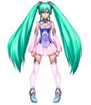  1girl alternate_costume aqua_eyes aqua_hair bad_id cleavage_cutout detached_sleeves female full_body hatsune_miku long_hair popobobo simple_background skirt solo thigh-highs twintails very_long_hair vocaloid white_background 