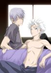  2boys age_difference bleach closed_eyes couch green_eyes grin hair_between_eyes hitsugaya_toushirou ichimaru_gin kedo_mitsuharu male_focus multiple_boys necktie pants shirt short_hair silver_hair sitting skinny smile spiky_hair squinting teenage topless unbuttoned white_hair window yaoi 