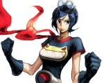  1girl bad_id belt black_hair blue_eyes blue_hair cape gloves goggles goggles_on_head king_of_fighters lips may_lee scarf shirt shon short_hair simple_background snk solo t-shirt the_king_of_fighters 