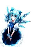  1girl blue_eyes blue_hair bow cirno female hair_bow okisute short_hair solo the_embodiment_of_scarlet_devil touhou white_background wings wrist_cuffs 