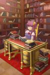  1girl alternate_hairstyle bad_id bespectacled book bookshelf desk double_bun female glasses highres library long_hair no_hat no_headwear patchouli_knowledge purple_hair sitting solo touhou violet_eyes voile yuki_(popopo) 