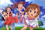  4girls absurdres black_hair blush brown_eyes brown_hair closed_eyes dress embarrassed foreshortening hair_ornament hairclip happy head_wreath highres jumping long_hair misaka_mikoto multiple_girls nakamura_naoto nyantype official_art open_mouth outdoors pants pants_under_skirt sandals saten_ruiko scan shirai_kuroko short_hair skirt skirt_flip sky sleeveless sleeveless_dress sundress to_aru_kagaku_no_railgun to_aru_majutsu_no_index tree uiharu_kazari 