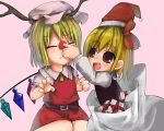  2girls :d bad_id blonde_hair christmas closed_eyes fangs female flandre_scarlet gift hat in_container lowres multiple_girls open_mouth red_eyes red_nose rumia rune_(solitonbeam) sack santa_hat short_hair smile the_embodiment_of_scarlet_devil touhou wince wings youkai 
