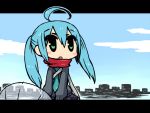  1girl ahoge aqua_eyes aqua_hair chan_co chibi hatsune_miku letterboxed necktie red_scarf scarf sky solo twintails vocaloid 