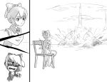  1girl chair cirno comic explosion footwear glasses monochrome ribbon silent_comic socks sunglasses the_embodiment_of_scarlet_devil touhou wings 