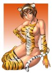  10s 1girl 2010 abs animal_ears bang-you bare_shoulders breasts bridal_gauntlets brown_eyes brown_hair collarbone dark_skin erect_nipples kashiwagi_azusa kizuato large_breasts muscle ribs shiny shiny_skin short_hair sideboob solo tail tan thigh-highs tiger_ears tiger_girl tiger_print tiger_tail 