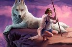  1girl 90s animal armband barefoot brown_hair cape cliff clouds earrings facepaint facial_mark female forest fur headband jewelry mononoke_hime moro nature oversized_animal polearm princess san shirt skirt sky solo spear squatting staff studio_ghibli taut_clothes taut_shirt violet_eyes weapon wolf 