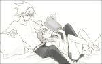  1boy 1girl barefoot book casual couple feet hetero katsura_miya legs legs_crossed looking_up lying maka_albarn monochrome muscle pillow scar shirt shirtless sketch skirt soul_eater soul_eater_(character) t-shirt 