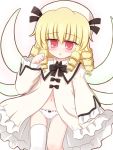  1girl asymmetrical_clothes blonde_hair blush bottomless dress drill_hair eastern_and_little_nature_deity female gradient gradient_background hat luna_child navel open_clothes open_dress panties red_eyes ry short_hair single_thighhigh solo thigh-highs touhou underwear white_background white_legwear white_panties wings 