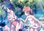  2girls :3 absurdres bikini_skirt blue_hair camisole covering dress green_eyes grey_eyes hair_ornament hairclip highres midriff multiple_girls nature navel one-piece_swimsuit open_mouth redhead stream sundress swimsuit swimsuit_pull swimsuit_under_clothes takoyaki_(roast) tankini twintails undressing water 
