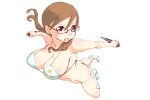  1girl bikini boots breasts brown_hair female full_body glasses knife kunai large_breasts oono_tsutomu original red_eyes simple_background solo swimsuit twintails weapon white_background 