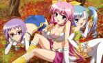  3girls absurdres ass autumn_leaves blue_hair breasts chouhou choukaku chouryou_(renhou) cleavage glasses green_eyes highres hiratsuka_tomoya koihime_musou multiple_girls official_art one_eye_closed open_mouth pink_hair purple_hair siblings sisters thigh-highs wink 