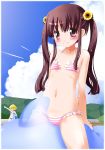  2girls bikini blush brown_eyes brown_hair child clouds flat_chest flower frilled_bikini frills highres inflatable_dolphin inflatable_toy long_hair multiple_girls navel noto_(soranoto) original riding sky striped striped_bikini striped_swimsuit sunflower swimsuit twintails 