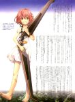  1girl absurdres bandaid bare_arms bare_shoulders barefoot bob_cut boomerang bracelet child dress feet flat_chest grin highres houjou_kuniko jewelry looking_at_viewer murata_renji official_art pink_hair scan shangri-la short_hair skirt smile solo standing text violet_eyes weapon white_dress younger 