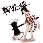  1girl axe back bandage barefoot black_hair covering covering_ass double_bladed_axe from_behind full_body genderswap genderswap_(mtf) huge_weapon knot mak_(kainemaru) one_piece over_shoulder rope scar sentoumaru short_hair simple_background solo tattoo translation_request weapon 