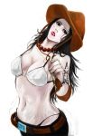  1girl belt bikini_top black_hair female freckles genderswap hat jewelry long_hair mak_(kainemaru) midriff necklace one_piece pale_skin pirate portgas_d_ace portgas_d_anne realistic simple_background solo stampede_string standing tattoo tongue 