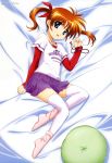  1girl absurdres blue_eyes brown_hair casual flat_chest footwear highres lyrical_nanoha mahou_shoujo_lyrical_nanoha mahou_shoujo_lyrical_nanoha_the_movie_1st megami official_art okuda_yasuhiro raising_heart socks solo takamachi_nanoha thigh-highs twintails violet_eyes zettai_ryouiki 