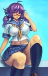  1girl ahoge breasts chikokuma curvy footwear glasses hips impossible_clothes impossible_shirt large_breasts midriff navel original plump purple_hair school_uniform serafuku shirt sitting socks solo thick_thighs thighs twintails violet_eyes wide_hips 