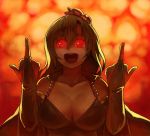  1girl :d bad_id breasts bridal_gauntlets cleavage elbow_gloves explosion eyes final_fantasy final_fantasy_iv fire gloves glowing glowing_eyes green_hair hair_ornament hands large_breasts long_hair meme middle_finger older open_mouth parody r.o.b red_eyes rydia shiny shiny_skin smile solo takeda_kanryuusai yandere 