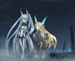  2girls bad_id blonde_hair blue_eyes blue_hair closed_eyes fog ganesagi head_wings long_hair multiple_girls pixiv_fantasia pixiv_fantasia_4 thigh-highs very_long_hair 