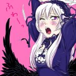  00s 1girl arms_up blush dress hairband open_mouth rozen_maiden solo suigintou violet_eyes wings yawning 