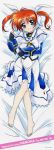  1girl absurdres barefoot bed_sheet blue_eyes blush bow brown_hair dakimakura fingerless_gloves gloves hair_bow highres long_image lyrical_nanoha mahou_shoujo_lyrical_nanoha mahou_shoujo_lyrical_nanoha_the_movie_1st official_art okuda_yasuhiro short_hair solo takamachi_nanoha tall_image twintails 