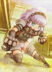  1girl absurdres aqua_eyes armor cenobia colored_pubic_hair colossus fang giant giantess gloves highres kneehighs personification pubic_hair purple_hair scan shadow_of_the_colossus shigatake short_hair solo tail thigh-highs 