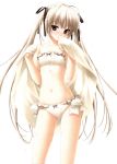  1girl absurdres bikini blush breasts brown_eyes hashimoto_takashi highres kasugano_sora long_hair ribbon small_breasts solo swimsuit towel twintails wet yosuga_no_sora 