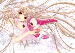  00s 1girl absurdres artbook blonde_hair brown_eyes chii chobits clamp dress flower hands highres holding hug lace long_hair official_art pda_(chobits) petals robot_ears scan smile solo stuffed_animal stuffed_toy traditional_media very_long_hair white_dress 