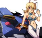  1girl animal_ears banpresto blonde_hair bow bowtie bunnysuit embarrassed gespenst hands heterochromia katina_tarask mecha navel pantyhose rabbit_ears super_robot_wars super_robot_wars_original_generation sweatdrop tabigarasu white_legwear wrist_cuffs 