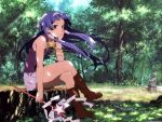  1girl blue_hair boots female forest full_body jpeg_artifacts kannagi long_hair nagi nature outdoors sitting skirt solo violet_eyes wand 