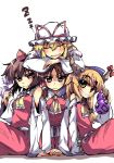  4girls alternate_costume annoyed arm_support bad_id blonde_hair bow brown_hair closed_eyes cosplay detached_sleeves female gourd grin hair_bow hakurei_reimu hakurei_reimu_(cosplay) harem hat horns ibuki_suika long_hair multiple_girls pun2 red_eyes saliva shameimaru_aya short_hair smile subterranean_animism tokin_hat touhou yakumo_yukari 