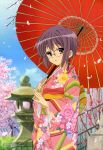  1girl absurdres earrings glasses grey_hair highres ikeda_kazumi japanese_clothes jewelry kimono megami nagato_yuki oriental_umbrella petals short_hair solo stone_lantern suzumiya_haruhi_no_shoushitsu suzumiya_haruhi_no_yuuutsu umbrella 