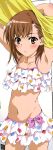  1girl absurdres armpits arms_behind_head bikini bikini_under_clothes blush brown_eyes brown_hair flapper_shirt frilled_bikini frilled_swimsuit frills highres incredibly_absurdres long_image megami midriff misaka_mikoto navel official_art polka_dot polka_dot_swimsuit sano_keiichi shirt short_hair skirt solo swimsuit swimsuit_under_clothes tall_image tankini to_aru_kagaku_no_railgun to_aru_majutsu_no_index undressing 