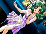  1girl 90s :d bangs bare_shoulders beamed_quavers bench breasts curly_hair dress dutch_angle floral_print game_cg green_hair holding inaba_yoshiki indoors karaoke kimi_ni_steady kiyose_emi large_breasts looking_at_viewer microphone music musical_note number open_mouth outstretched_arm parted_bangs pink_eyes pleated_dress quaver short_dress short_hair sign singing sleeveless sleeveless_dress smile solo staff_(music) standing sundress 