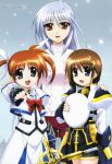  3girls absurdres beret blue_eyes blue_hair bow brown_eyes brown_hair clenched_hand fingerless_gloves gloves hair_ornament hair_ribbon hairclip hat highres long_hair lyrical_nanoha mahou_shoujo_lyrical_nanoha mahou_shoujo_lyrical_nanoha_a&#039;s mahou_shoujo_lyrical_nanoha_a&#039;s_portable:_the_battle_of_aces megami multiple_girls official_art okuda_yasuhiro open_mouth poster red_eyes reinforce ribbon schwertkreuz short_hair short_twintails silver_hair snow staff sweater takamachi_nanoha turtleneck twintails violet_eyes x_hair_ornament yagami_hayate 