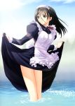  00s 1girl absurdres apron black_eyes black_hair dress dress_lift female genmukan highres long_hair maid maid_apron outdoors sky solo tanaka_takayuki watase_nozomi water 