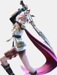  1girl 3d absurdres arms_up belt blue_eyes boots cape elbow_gloves feet_out_of_frame female fighting_stance final_fantasy final_fantasy_xiii fingerless_gloves gloves highres holding holding_sword holding_weapon lightning_farron miniskirt official_art pink_hair short_hair simple_background skirt solo sword weapon 
