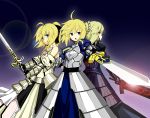  3girls absurdres armor armored_dress caliburn capcom dark_excalibur dress excalibur fate/stay_night fate/unlimited_codes fate_(series) highres multiple_girls multiple_persona saber saber_alter saber_lily sword weapon yasu_(yossy) 