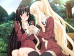  2girls black_hair blonde_hair blue_eyes blush game_cg hand_holding kirishima_shizuku legs long_hair multiple_girls peko red_eyes school_uniform shitogi_eris sono_hanabira_ni_kuchizuke_wo thigh-highs thighs yuri 