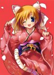  1girl ;d absurdres animal_ears blue_eyes blush highres japanese_clothes kantoku kimono one_eye_closed open_mouth redhead short_hair smile solo tail tiger_ears tiger_tail wink 