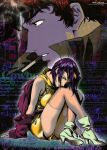 1boy 1girl 90s absurdres ankle_boots black_hair boots cigarette clenched_teeth closed_eyes cowboy_bebop dress faye_valentine from_side full_body highres kawamoto_toshihiro knees_up legs mouth_hold profile purple_hair short_hair sitting smoking spike_spiegel teeth thigh-highs wince yellow_dress 